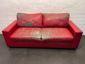 Red Faux Leather Sofa with Worn Finish