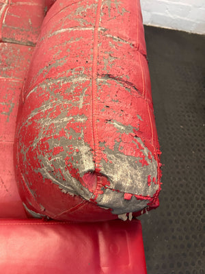 Red Faux Leather Sofa with Worn Finish