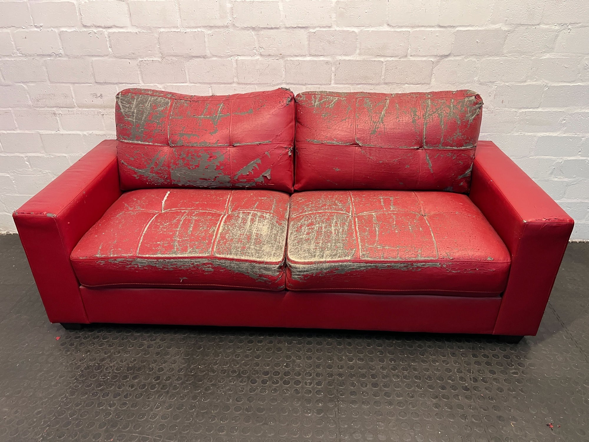 Red Faux Leather Sofa with Worn Finish