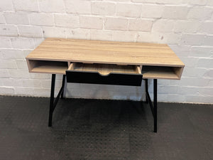 Modern Console Table - Light Oak Finish, Metal Legs, Storage Compartments