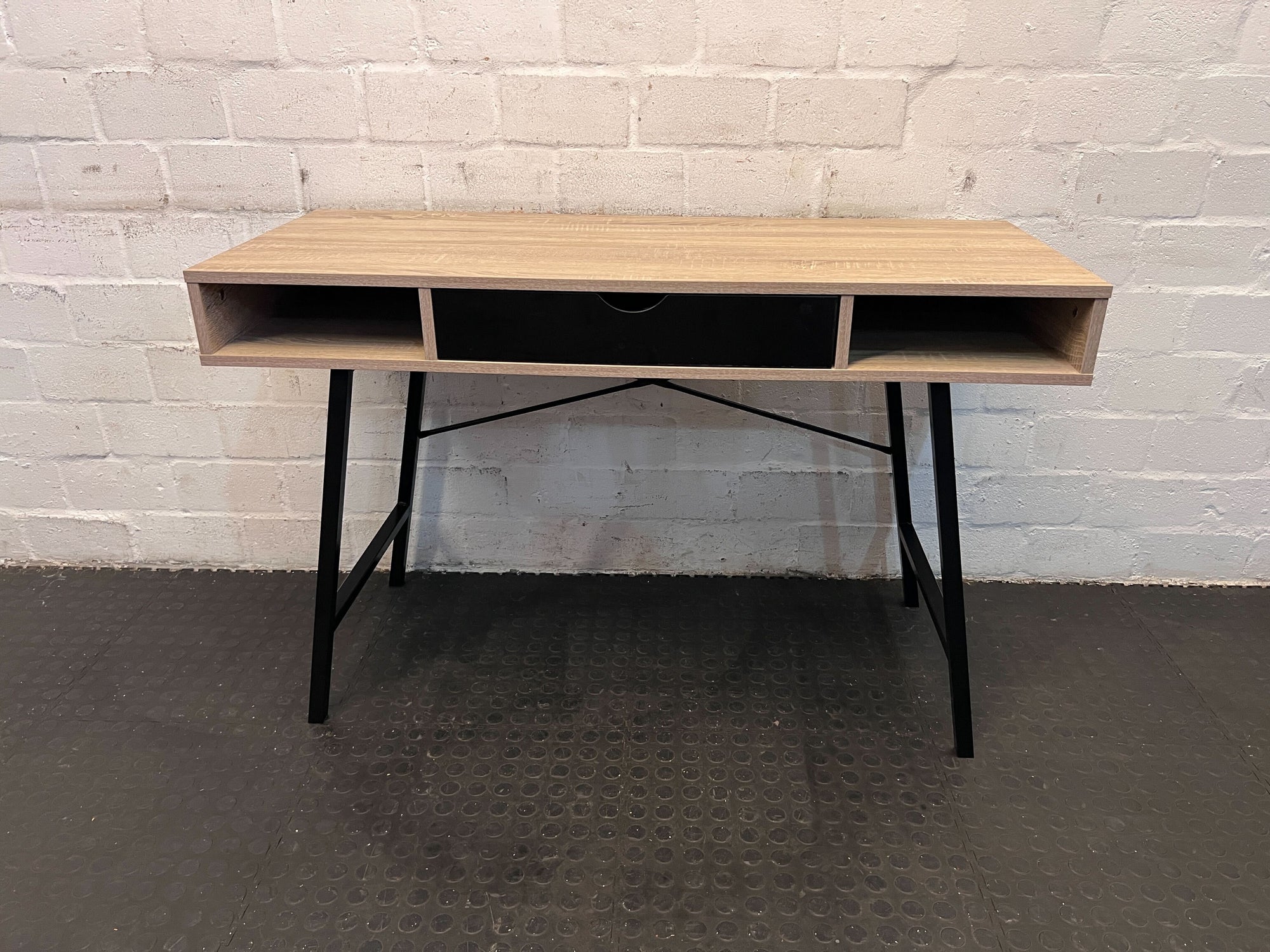 Modern Console Table - Light Oak Finish, Metal Legs, Storage Compartments