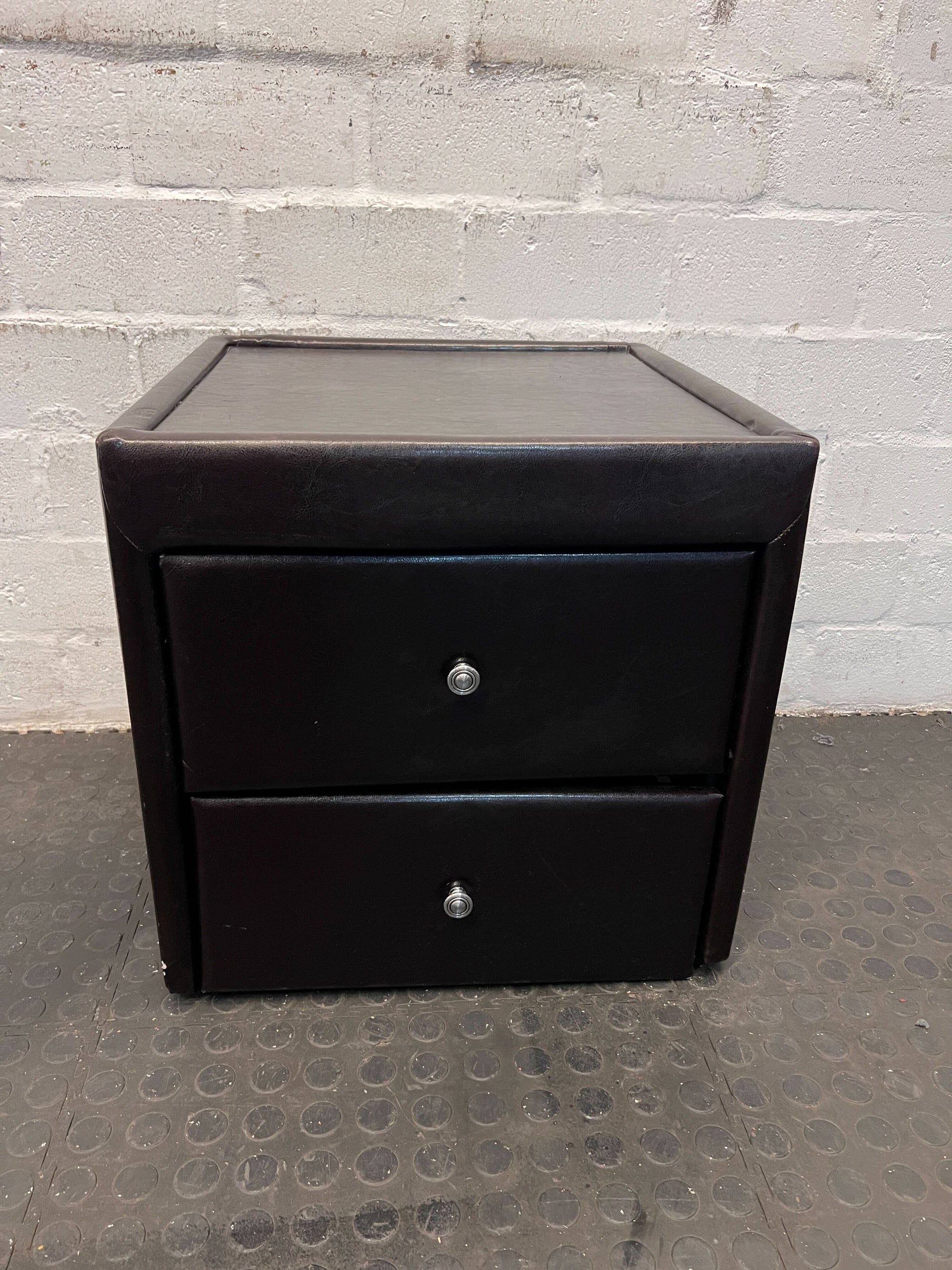 Modern Black Faux Leather Nightstand with Two Drawers - Small fabric damage