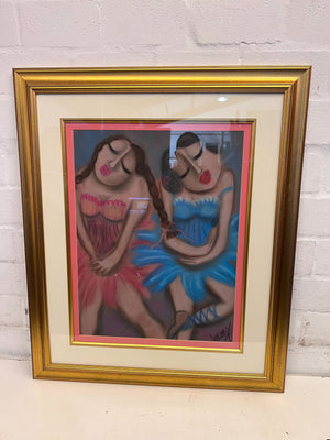 Framed Vintage Patel Artwork - 2 Women - Anne Mey 96x80cm