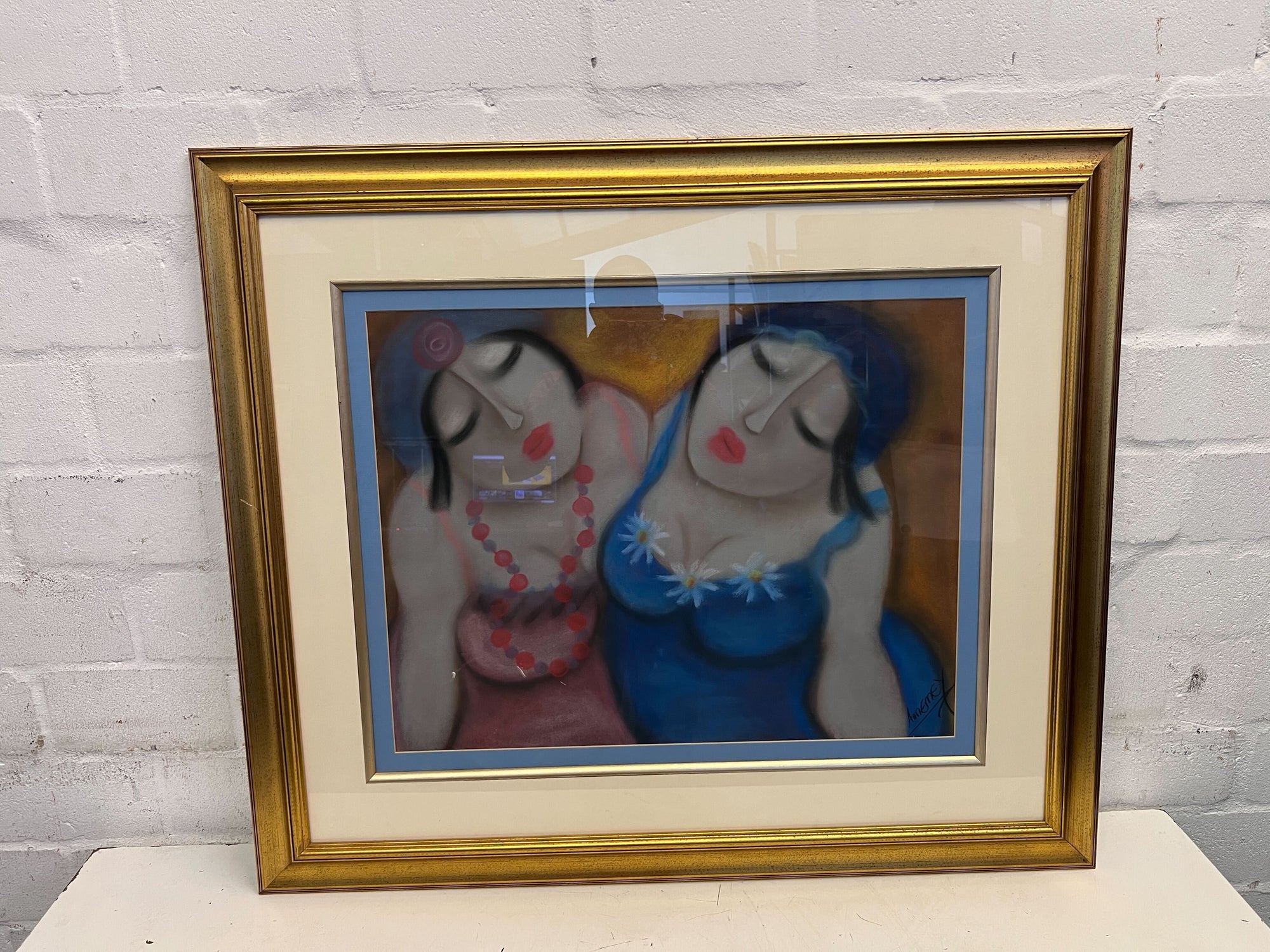 Framed Vintage Patel Artwork - Hugging Ladies - Anne Mey 98x84cm