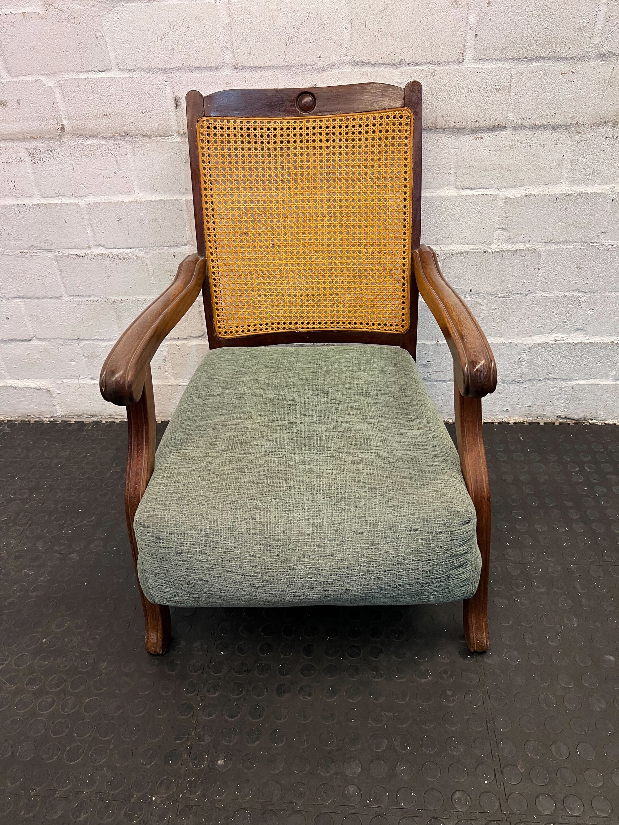 Vintage Cane-Back Armchair with Green Upholstery – Classic Design