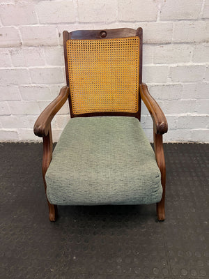 Vintage Cane-Back Armchair with Green Upholstery – Classic Design