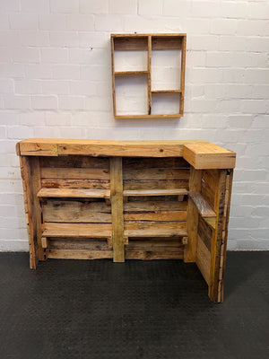 Rustic Reclaimed Wooden Bar Counter with Wall Shelf – Unique Design