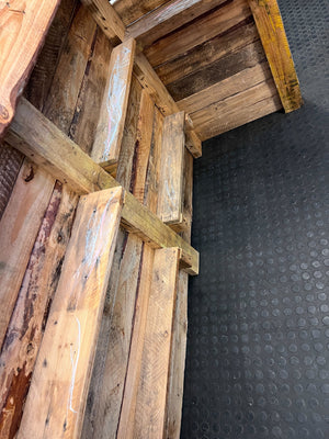 Rustic Reclaimed Wooden Bar Counter with Wall Shelf – Unique Design