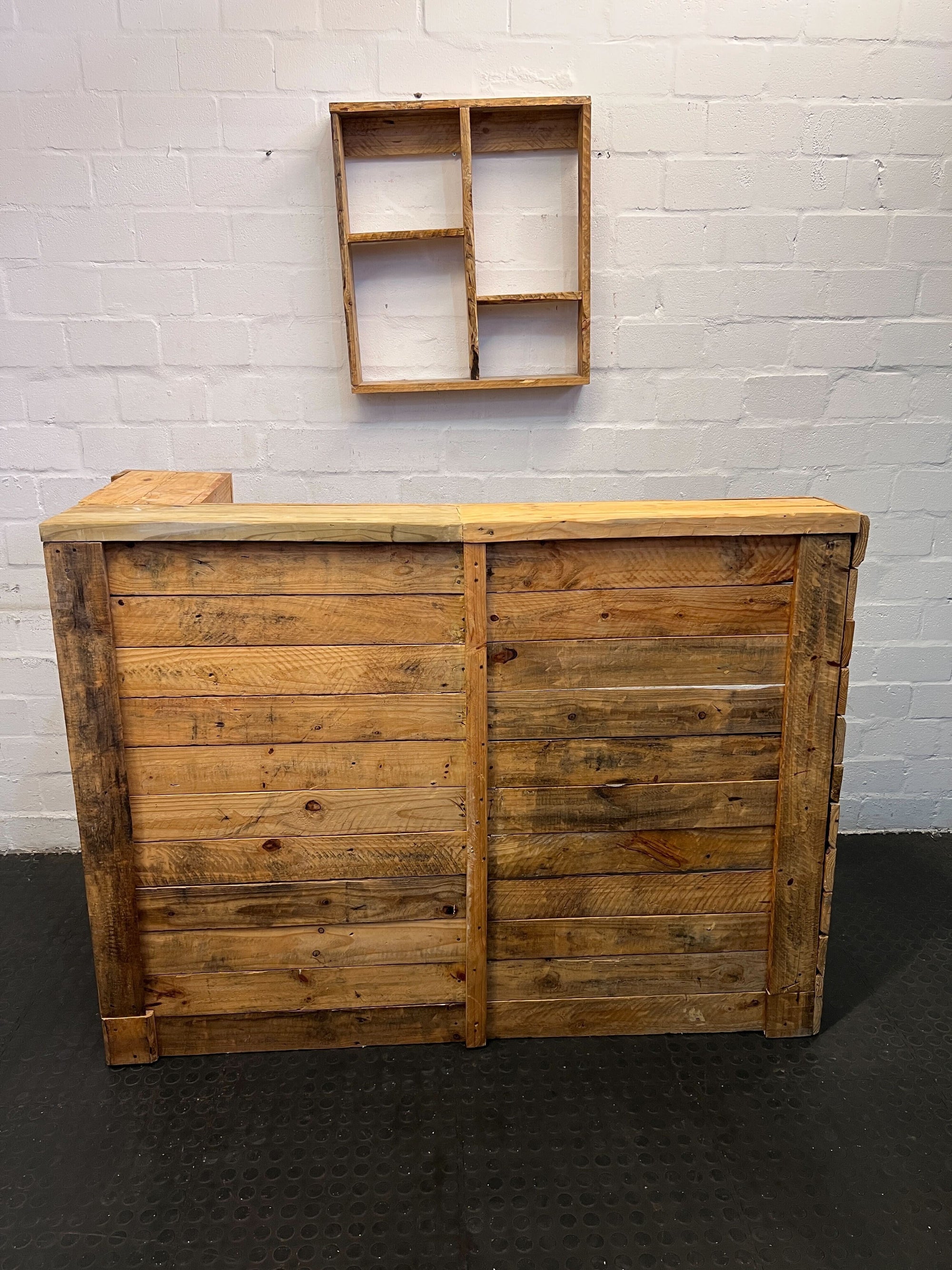 Rustic Reclaimed Wooden Bar Counter with Wall Shelf – Unique Design