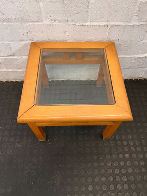 Vintage Wooden Coffee Table with Glass Top - Solid Oak Finish