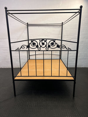 Elegant Black Metal Canopy Bed Frame with Intricate Design | Queen Size