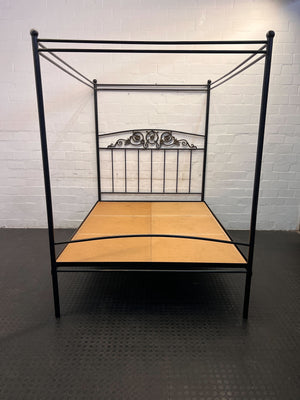 Elegant Black Metal Canopy Bed Frame with Intricate Design | Queen Size