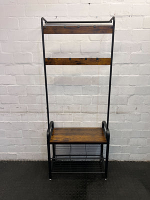 Rustic Black Metal and Wood Entryway Shelf with Hooks