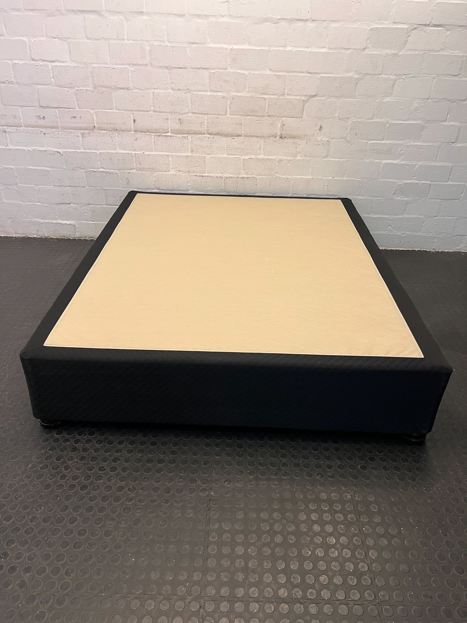 Modern Queen Bed Frame in Black Fabric with Natural Beige Top