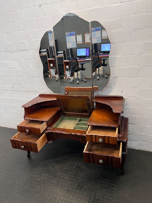 Vintage Cherry Wood Dressing Table with Triptych Mirror