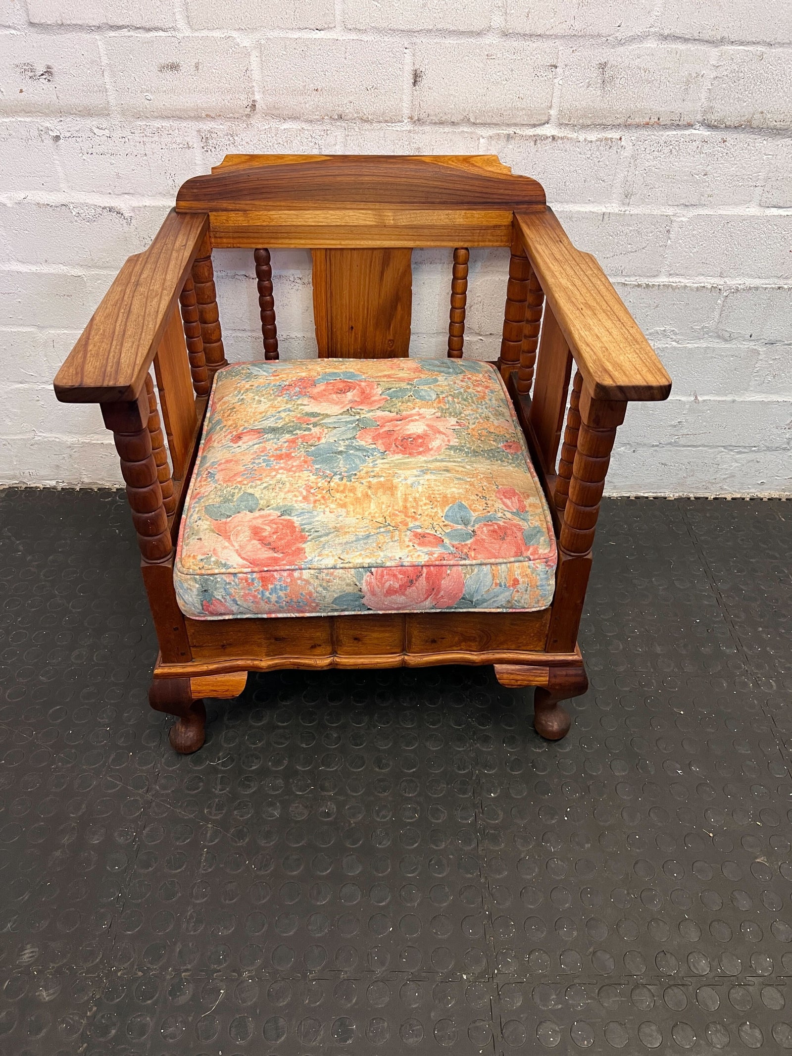 Kiaat Charming Vintage Wooden Armchair with Floral Cushions - REDUCED
