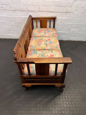 Vintage Kiaat Wooden Couch with Floral Cushions – Unique Charm