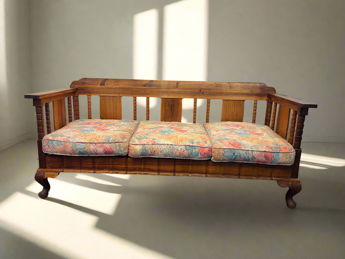 Vintage Kiaat Wooden Couch with Floral Cushions – Unique Charm - REDUCED