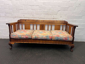 Vintage Kiaat Wooden Couch with Floral Cushions – Unique Charm