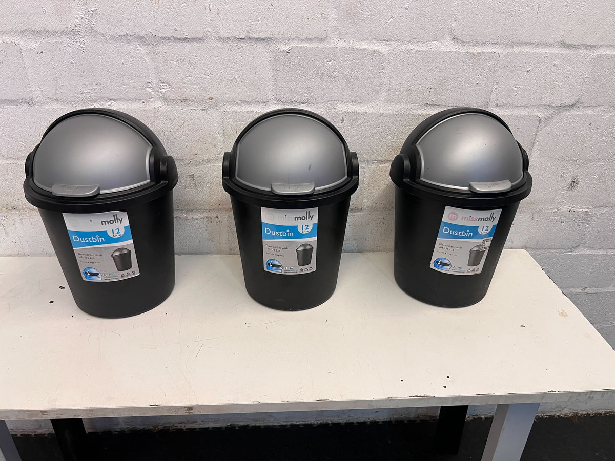 Modern 12L Dome Dustbin with Lift-Up Lid – Black/Silver
