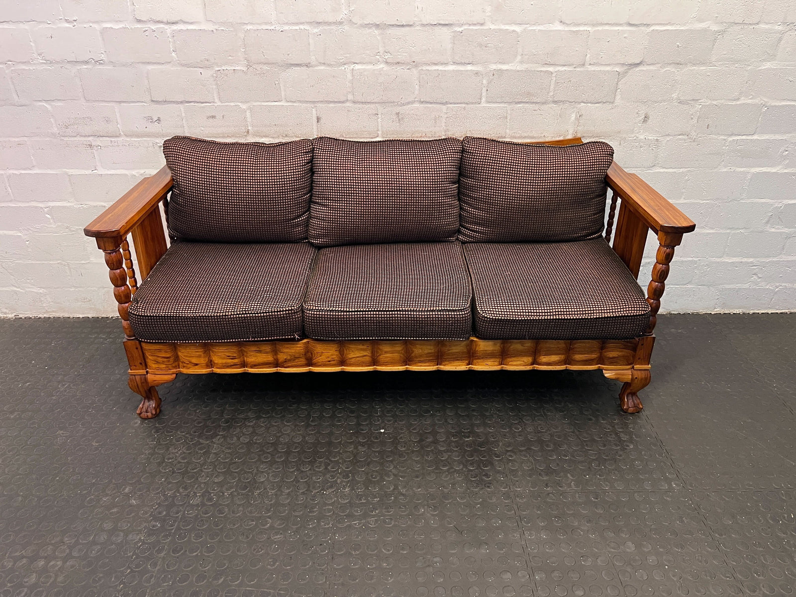 Rustic 3-Seater Wooden Couch with Checkered Cushions – Vintage Charm - REDUCED