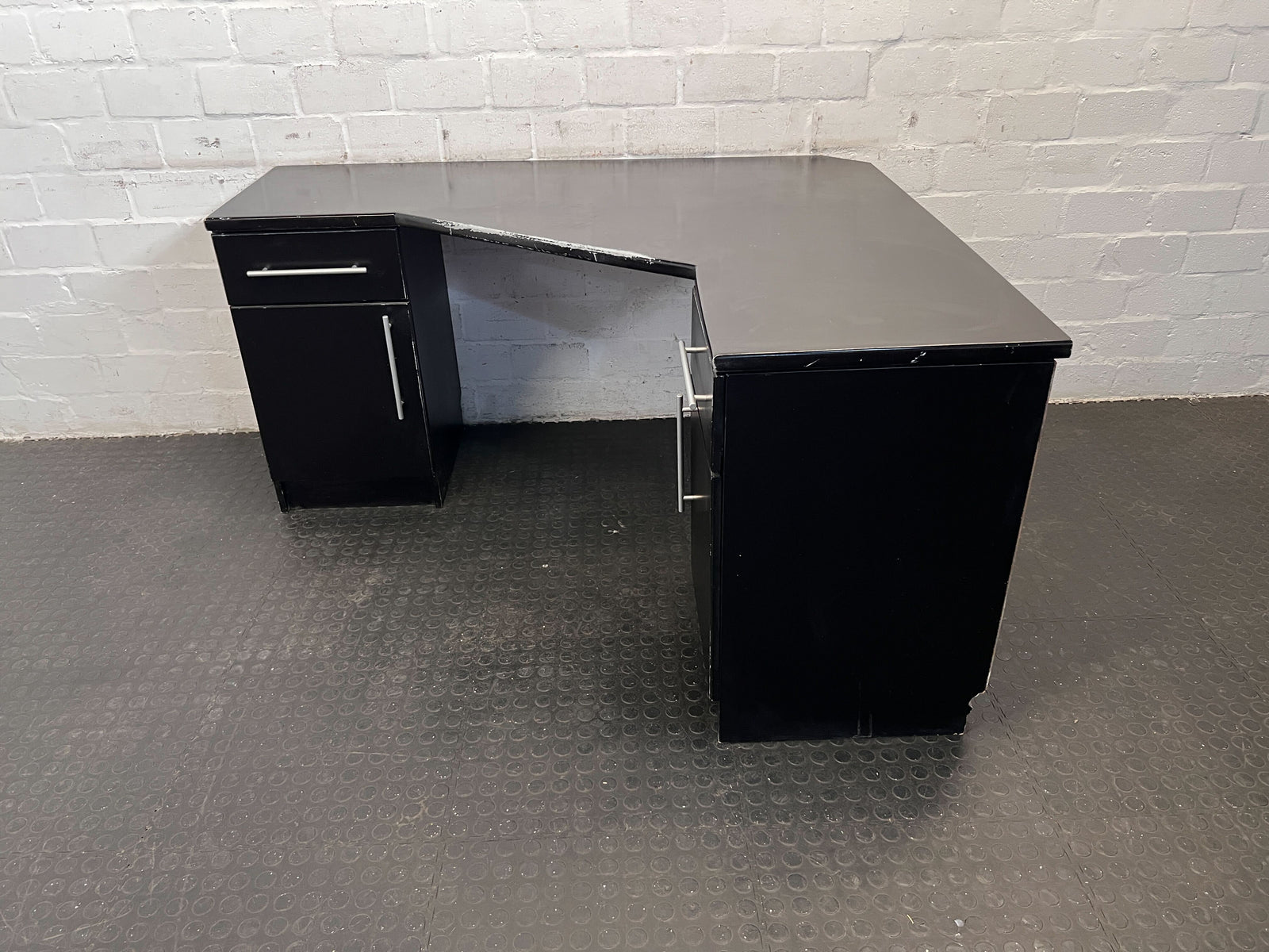 Stylish Black Wooden Desk with Unique Shape – Minor Scratches