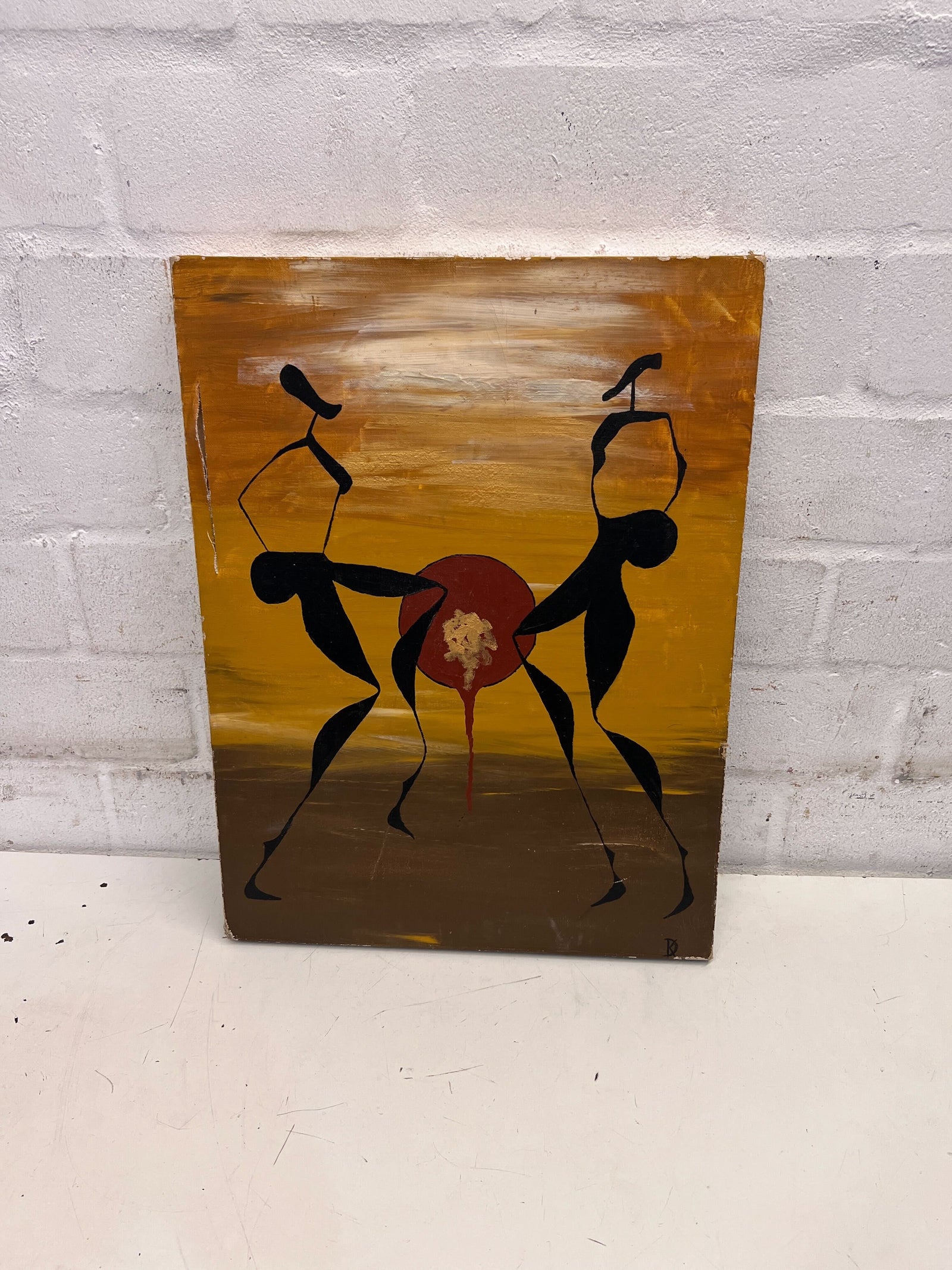 Vintage Abstract Art Painting - Colorful African Figures, 60x40cm