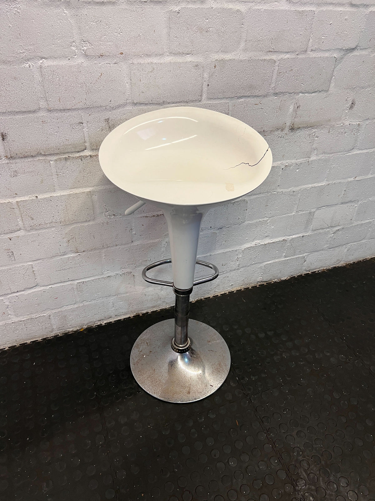 Modern White Bar Stool with Chrome Base - Minor Crack - CLEARANCE - PRICE DROP