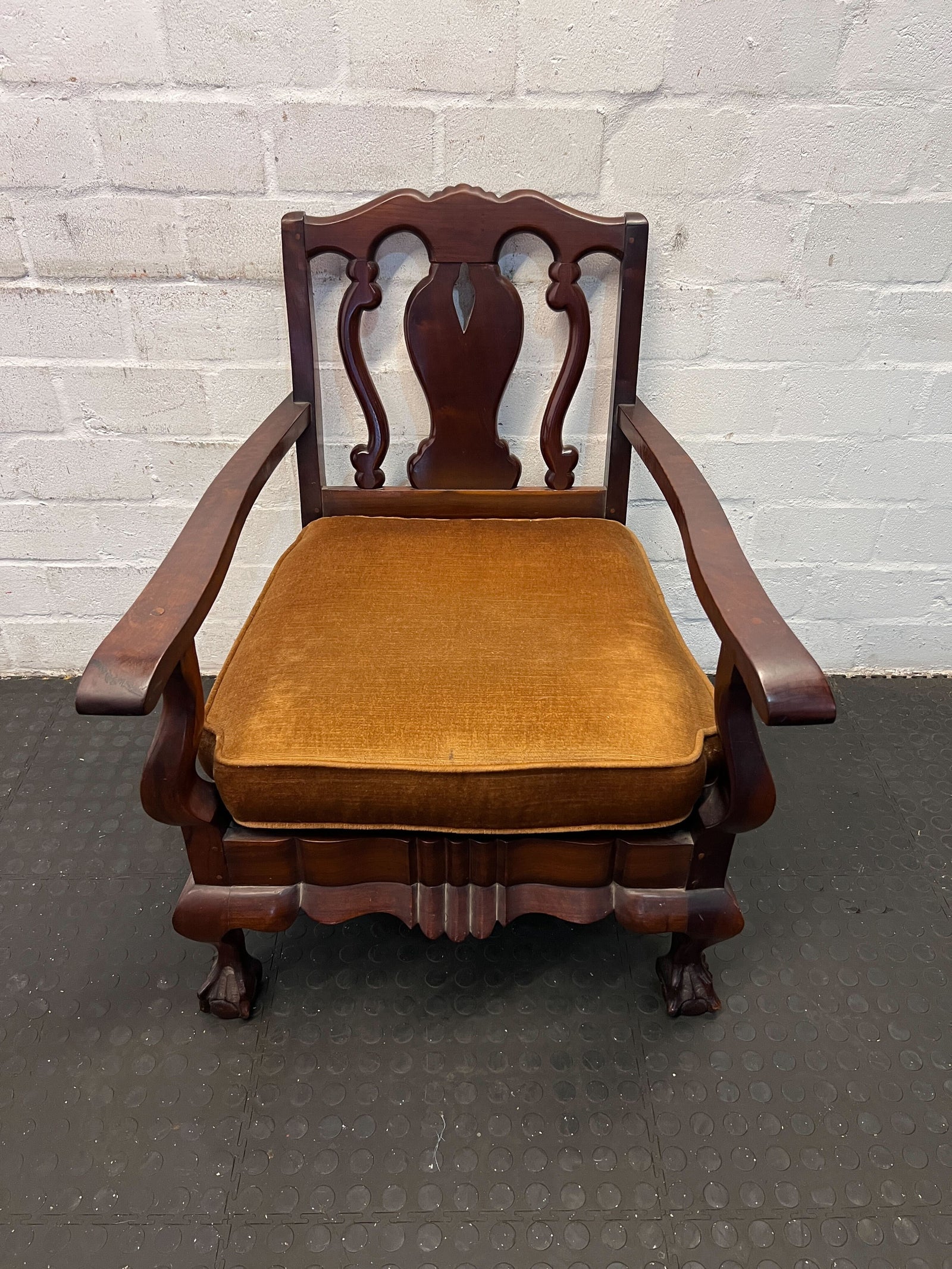 Vintage Wooden Armchair with Gold Upholstery