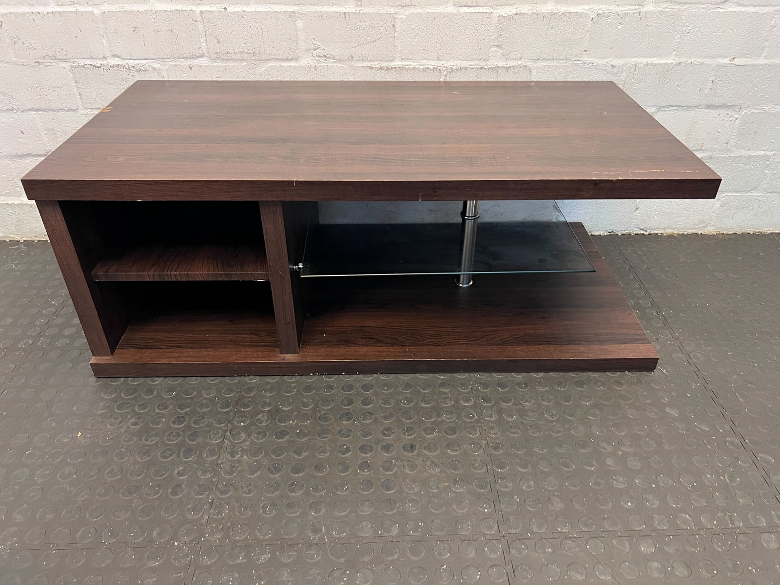 Modern Dark Wood Coffee Table with Glass Shelf – Stylish & Functional