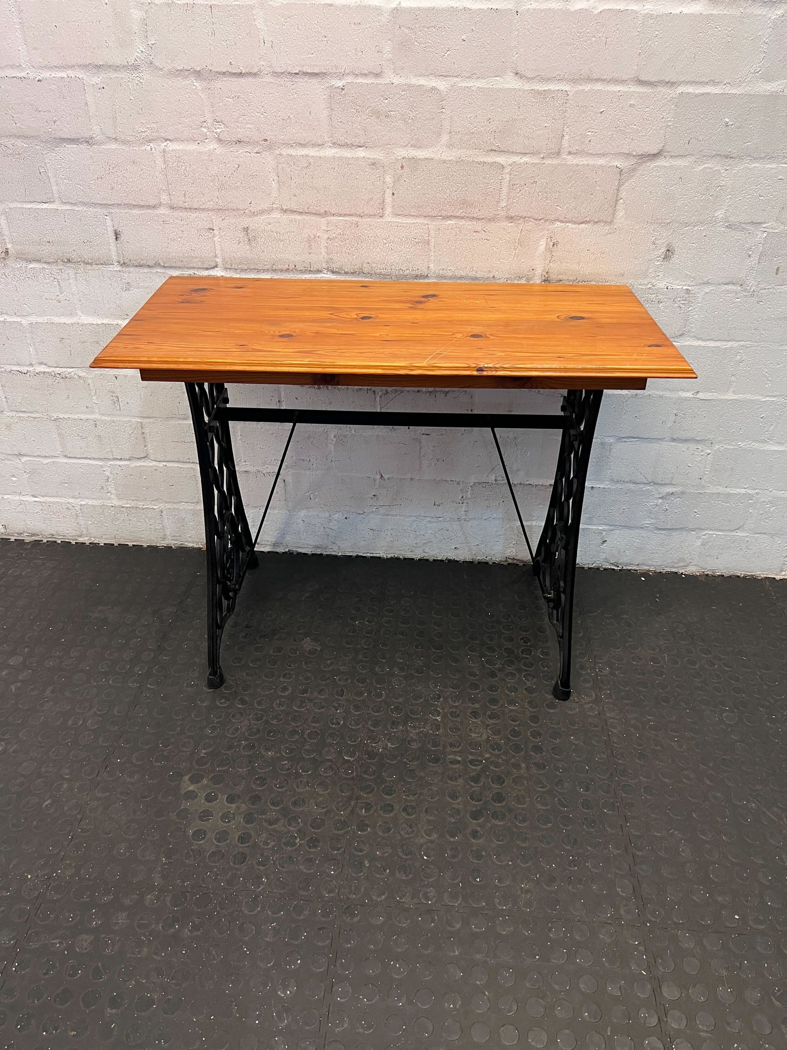 Rustic Wooden Table with Black Metal Base – Slight Wear