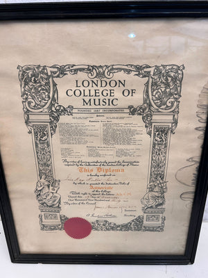 Vintage Framed Diploma from the London College of Music - 2ndhandwarehouse.com
