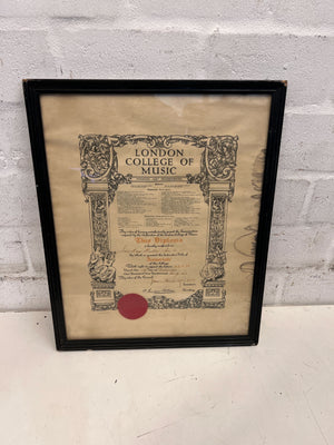 Vintage Framed Diploma from the London College of Music - 2ndhandwarehouse.com