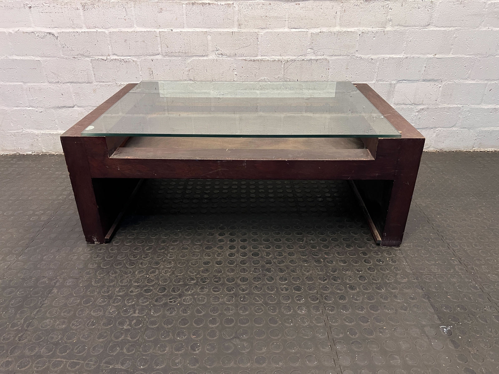 Stylish Rectangular Glass Coffee Table with Brown Wooden Frame