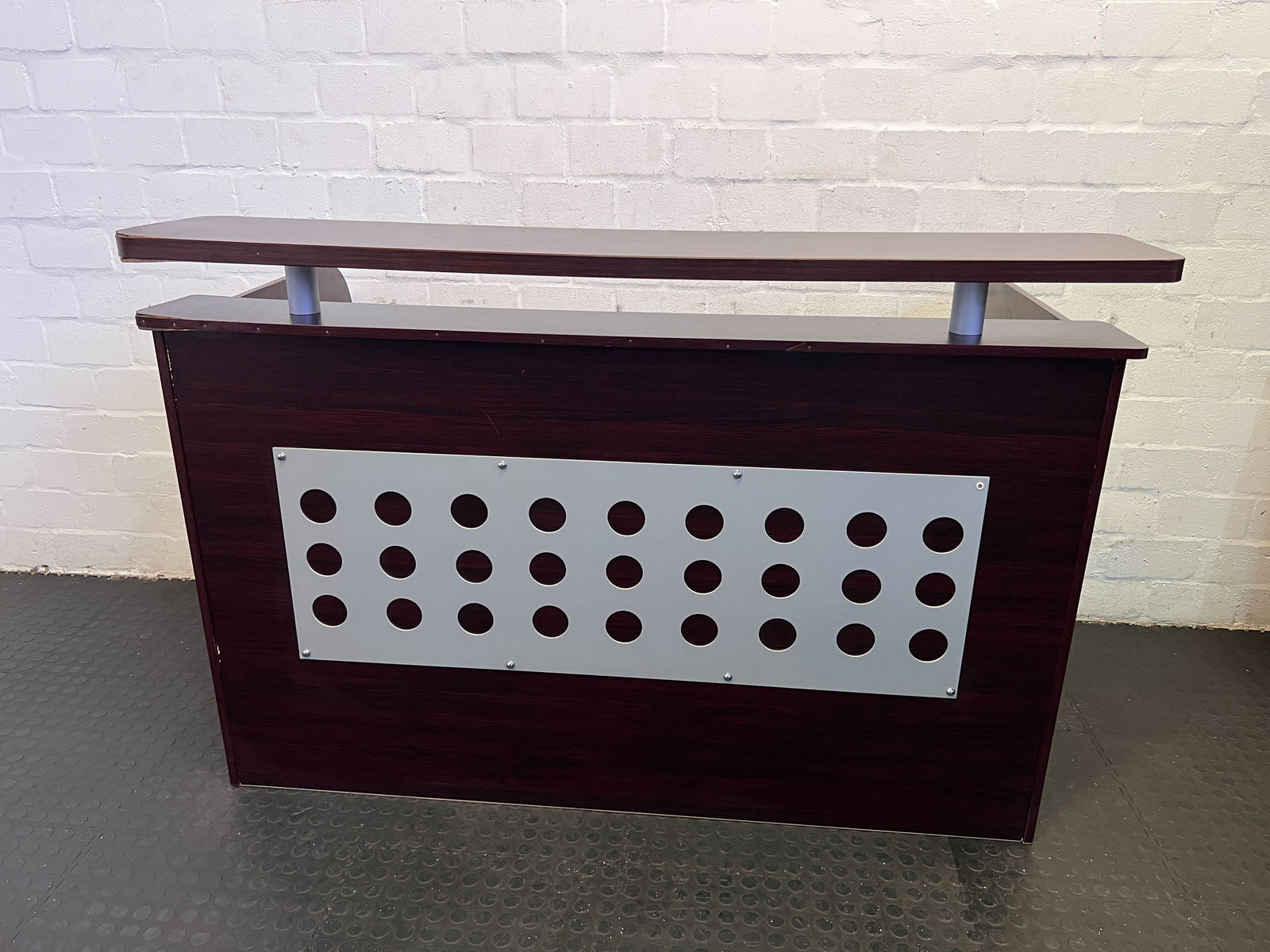 Modern Wooden Reception Desk with Silver Accents - Minor Scratches