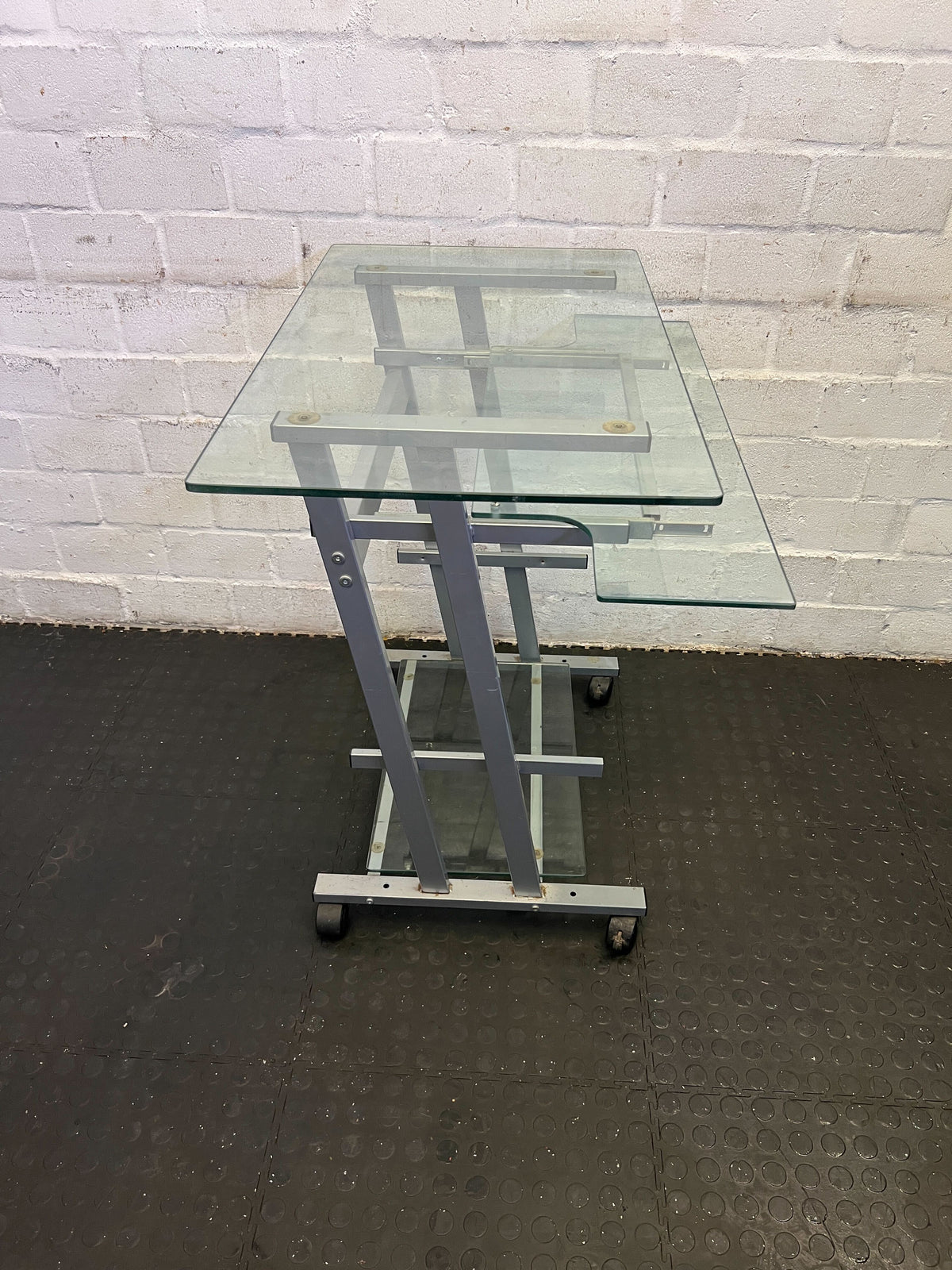 Stylish Glass-Top Mobile Console Table with Silver Frame - PRICE DROP