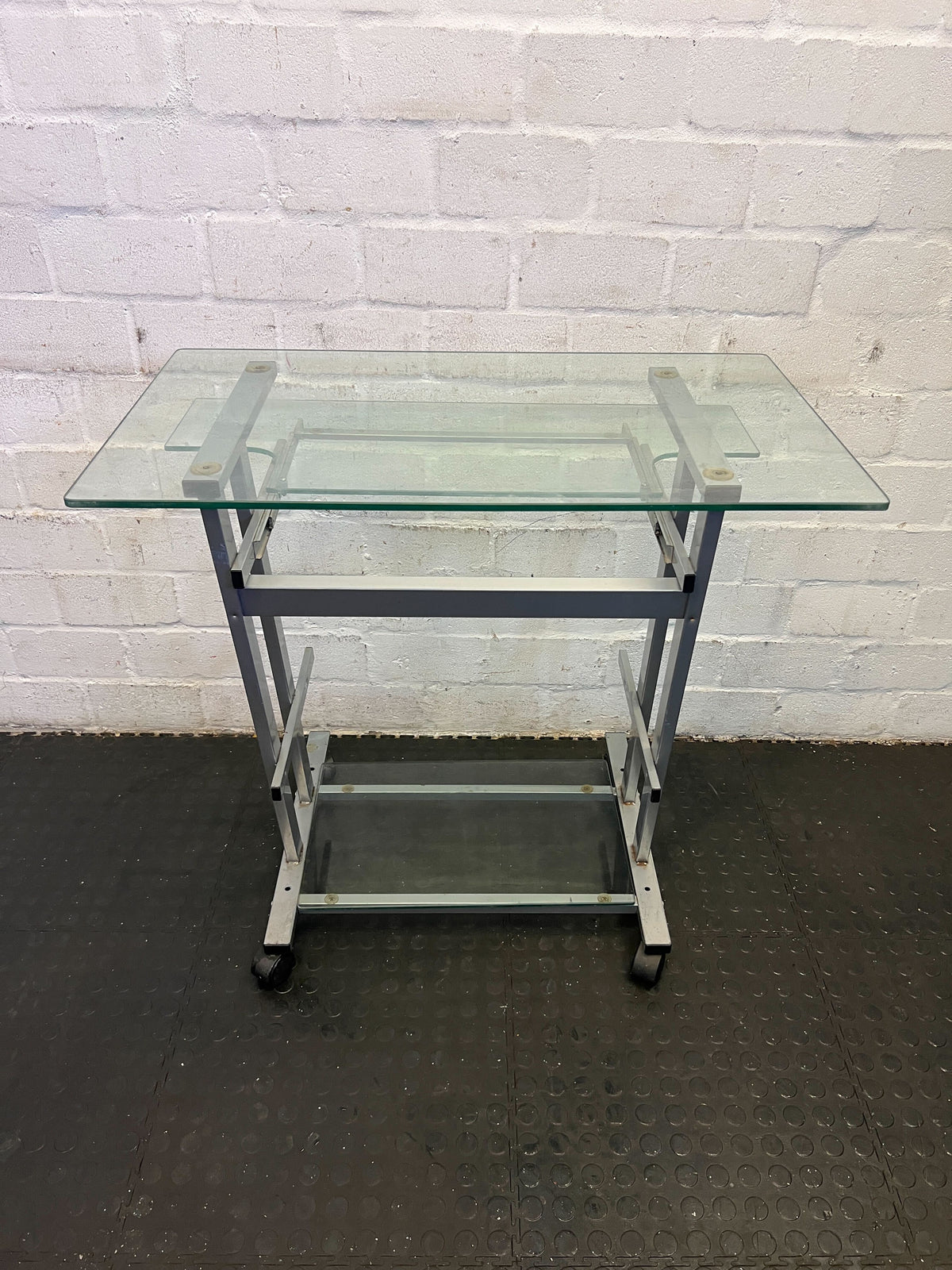 Stylish Glass-Top Mobile Console Table with Silver Frame - PRICE DROP