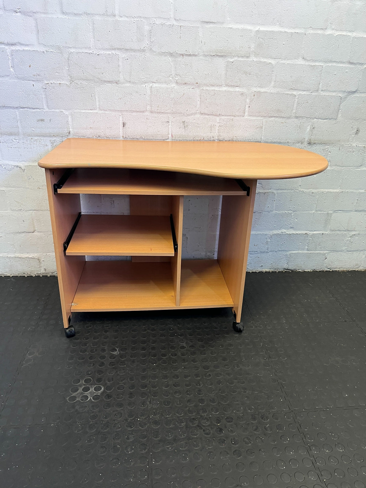 Compact Wooden Office Desk with Wheels and Curved Top