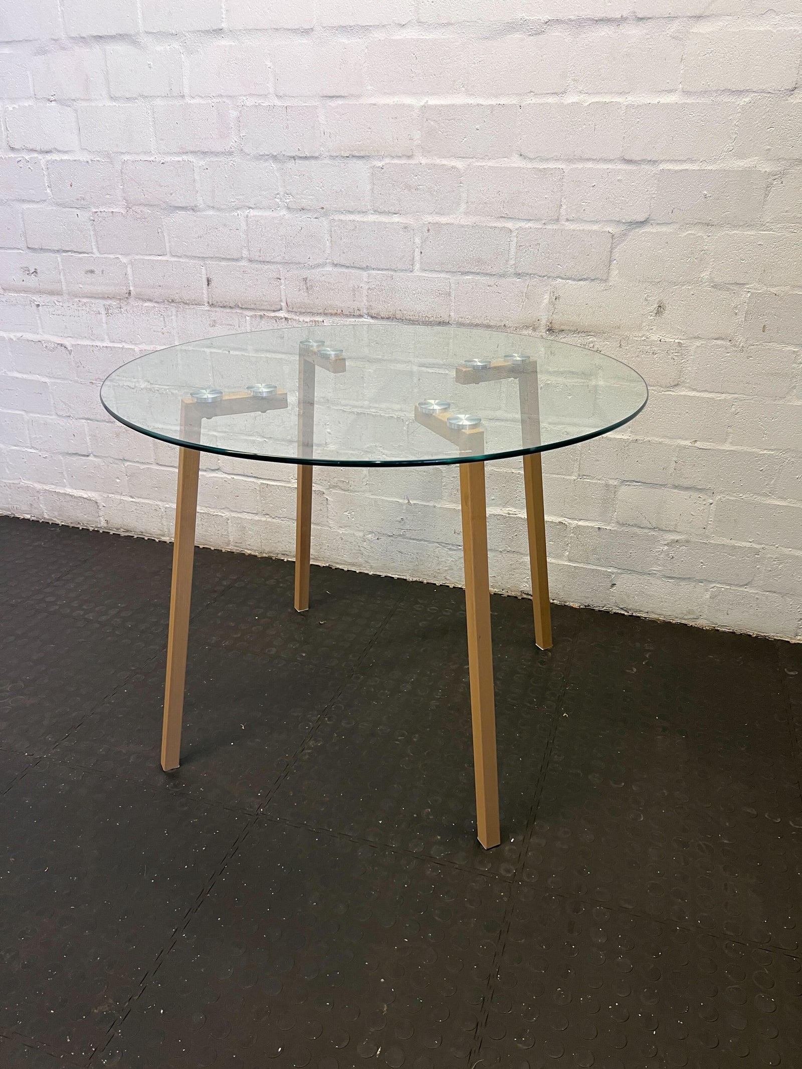 Modern Round Glass Dining Table with Wooden Legs - Minor Scratches