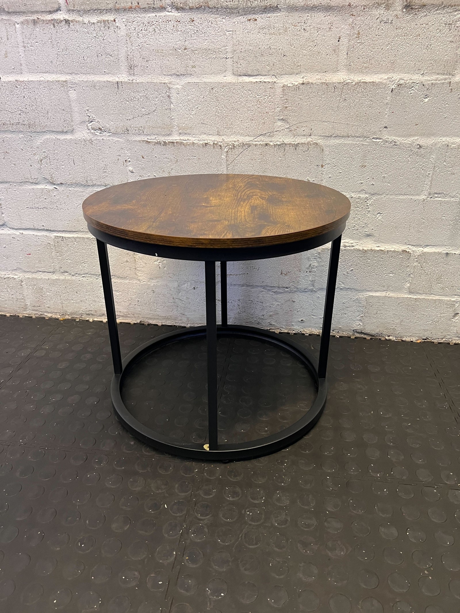 Chic Round Small Coffee Table with Dark Wood Top and Black Metal Frame - 48cm
