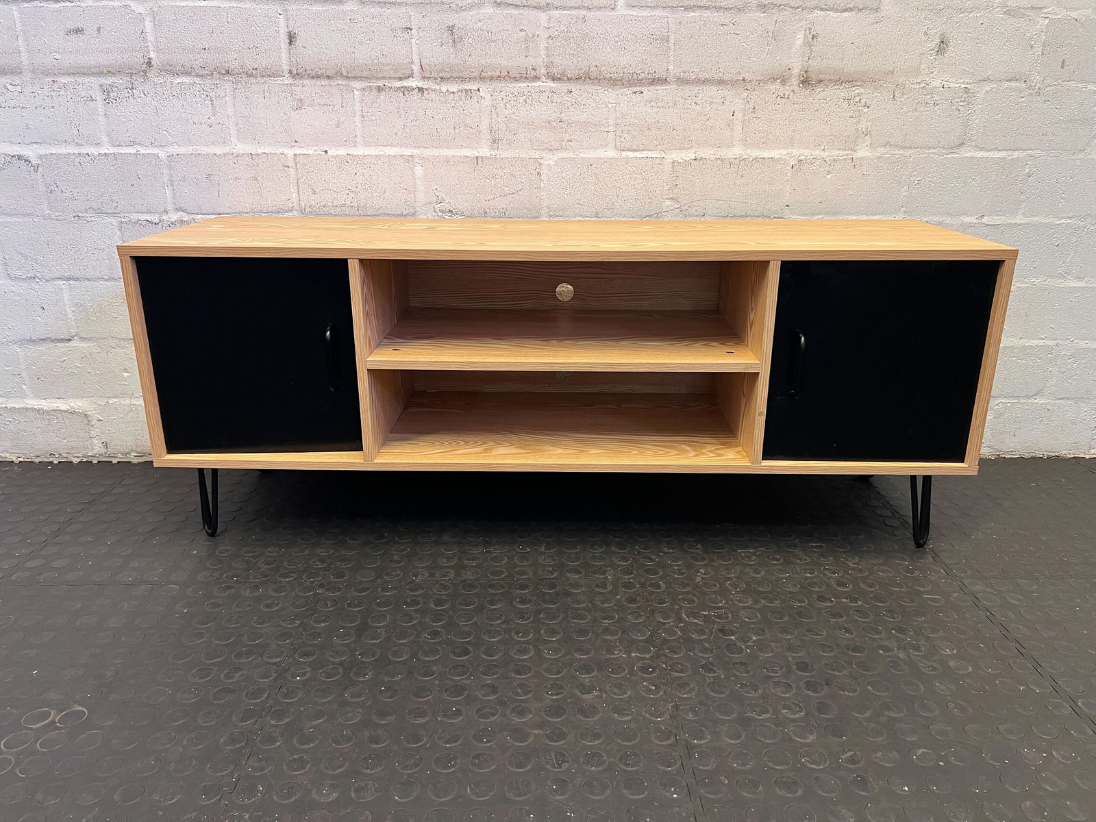Stylish Black and Wood TV Stand with Storage, Minor Wear