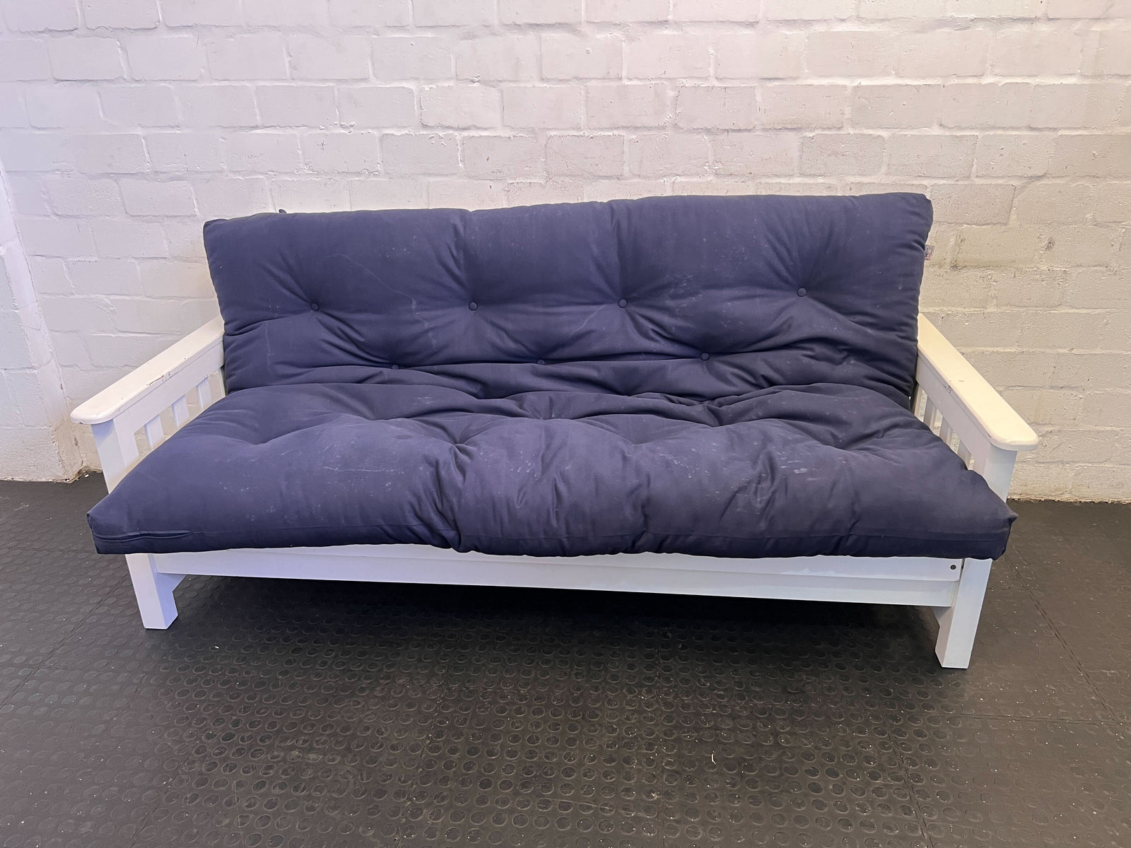 Cozy Blue Fabric Futon Sofa Bed with White Frame – Minor Wear
