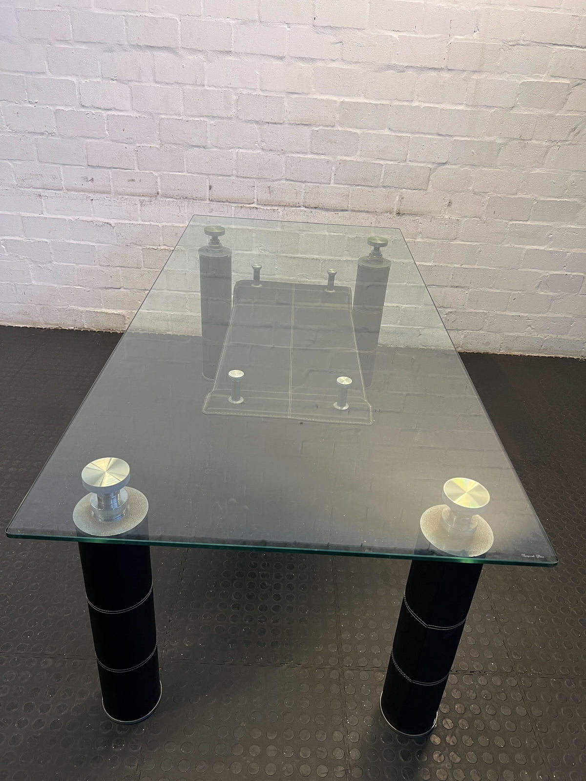 Stylish Glass-Top Dining Table with Black Metal Base – Minor Scratches - REDUCED - 2ndhandwarehouse.com