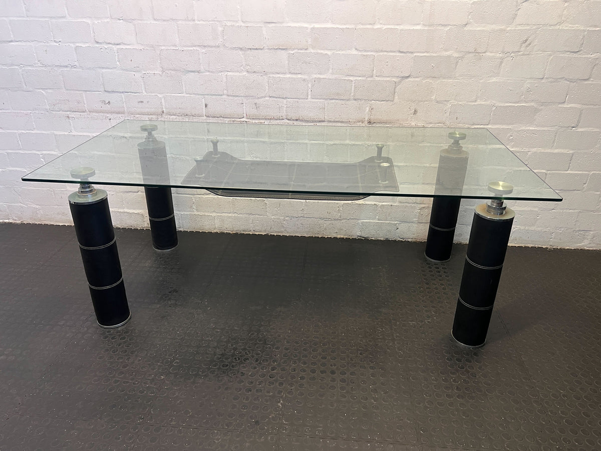 Stylish Glass-Top Dining Table with Black Metal Base – Minor Scratches - REDUCED - 2ndhandwarehouse.com