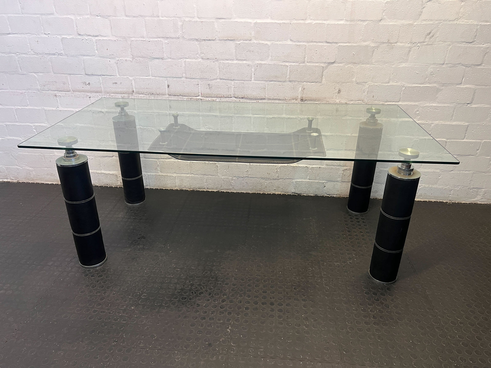 Stylish Glass-Top Dining Table with Black Metal Base – Minor Scratches - REDUCED - 2ndhandwarehouse.com