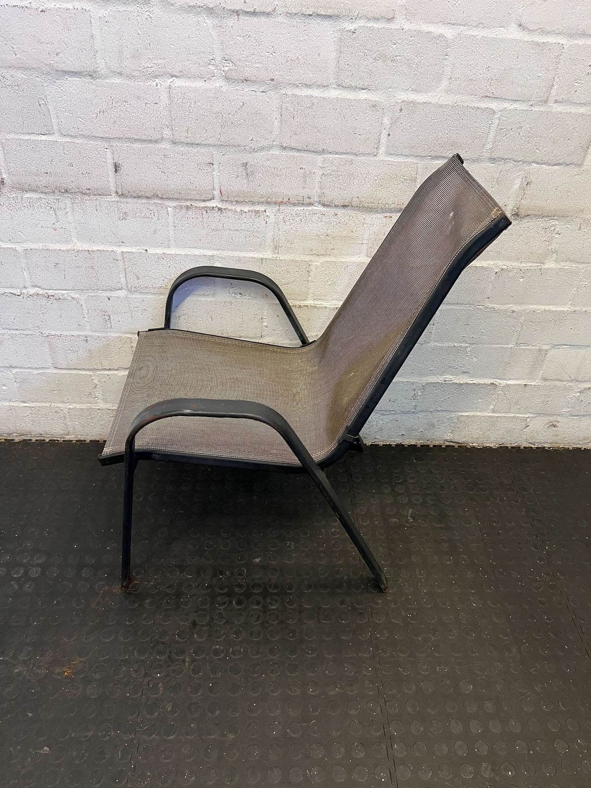 Sturdy Black Metal Outdoor Chair with Mesh Seat – Minor Wear