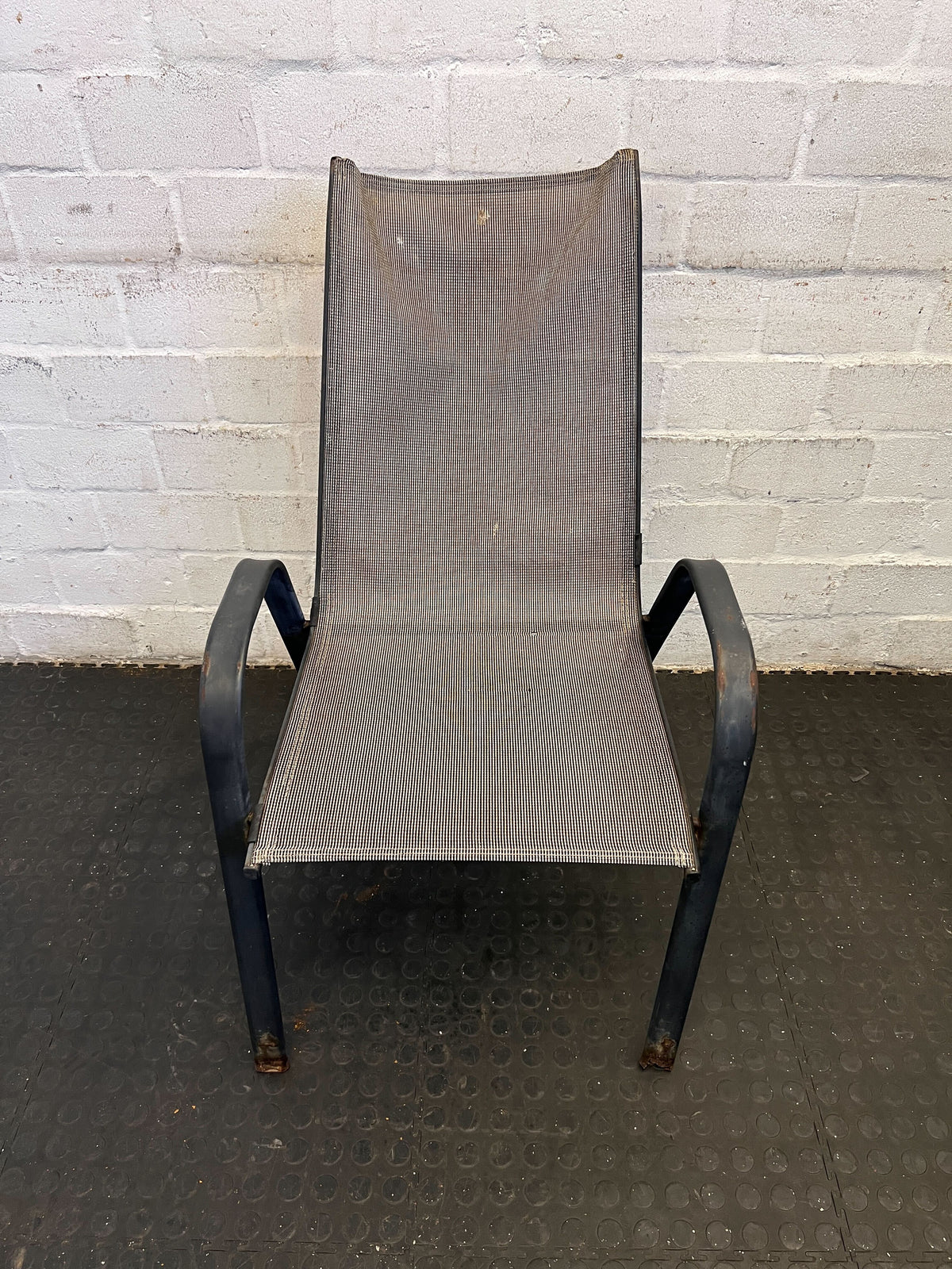 Sturdy Black Metal Outdoor Chair with Mesh Seat – Minor Wear