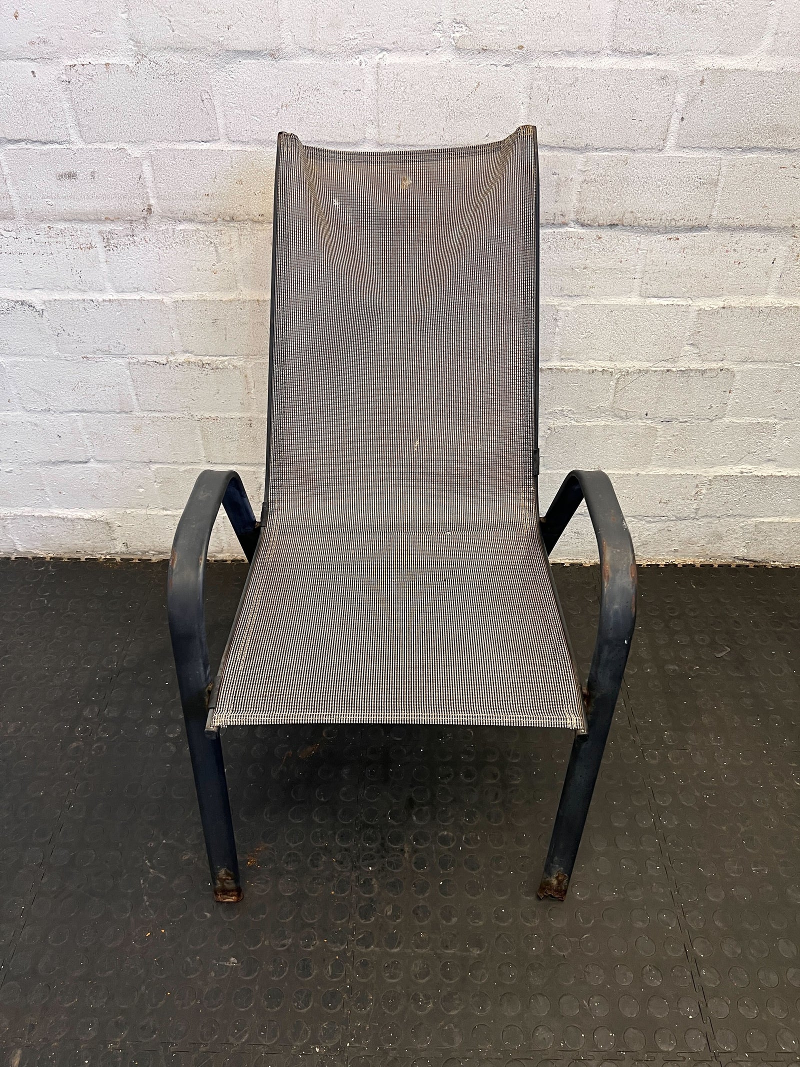 Sturdy Black Metal Outdoor Chair with Mesh Seat – Minor Wear