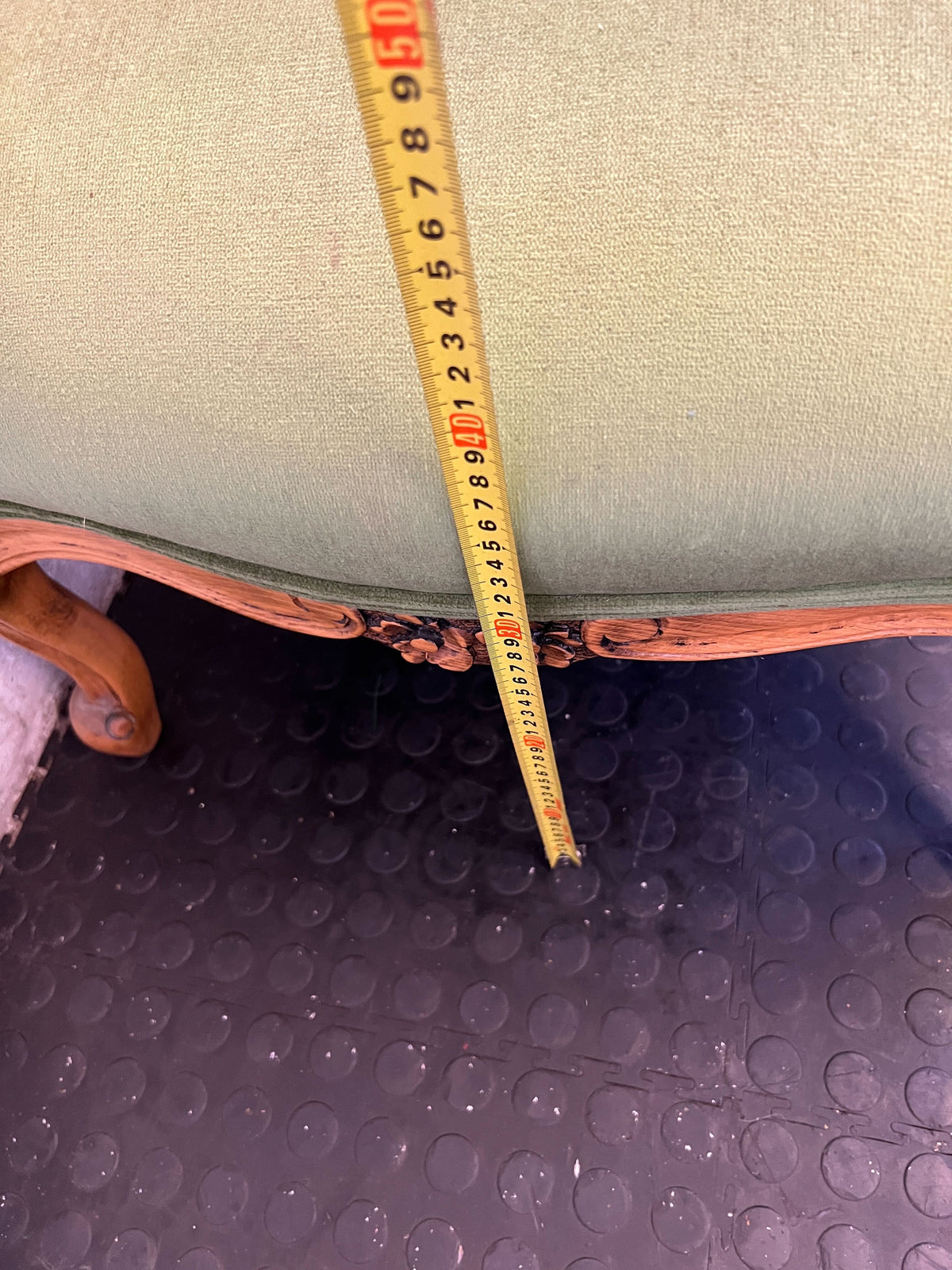 Vintage Green Upholstered Accent Chair with Carved Wood Frame