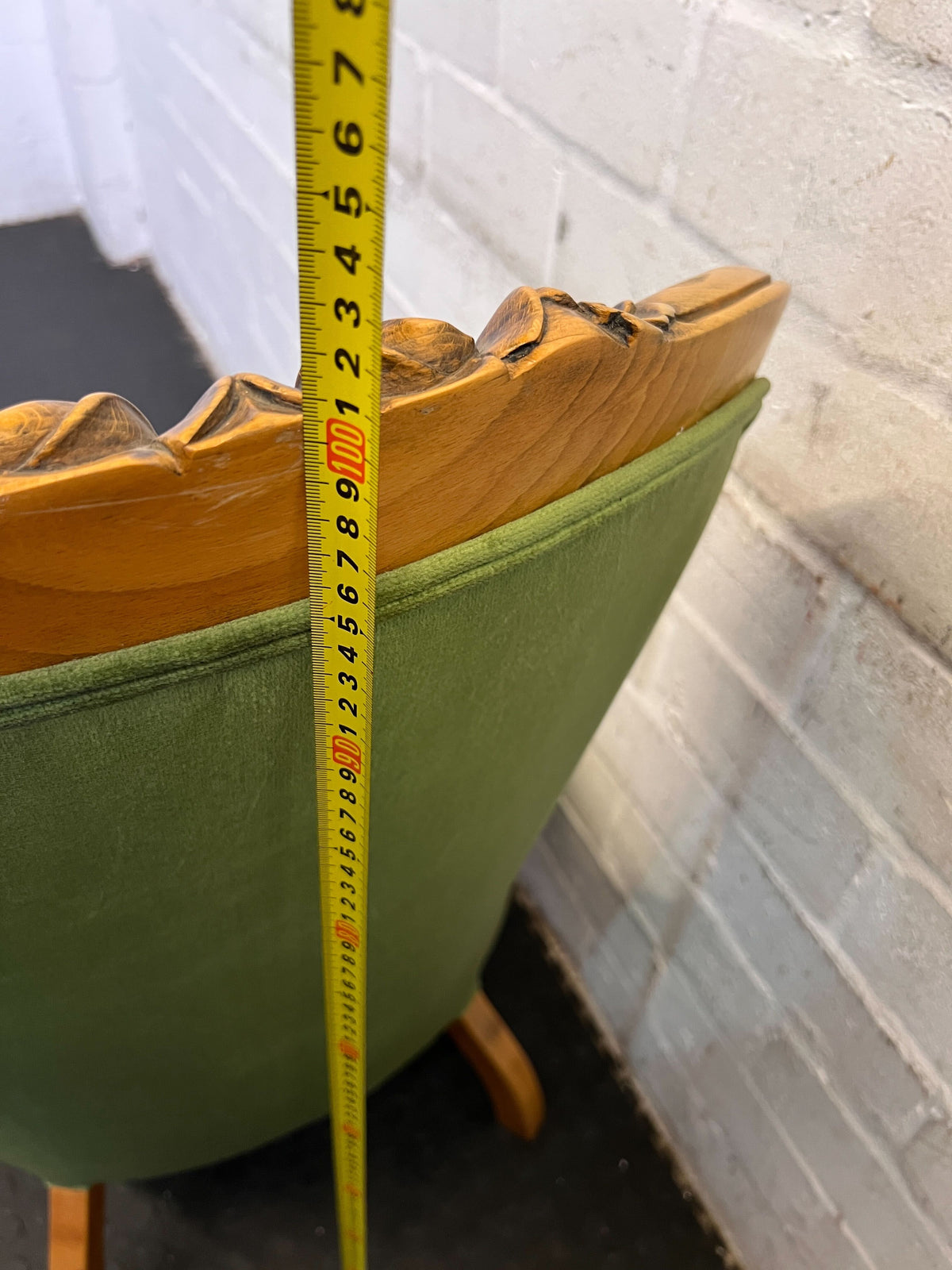 Vintage Green Upholstered Accent Chair with Carved Wood Frame